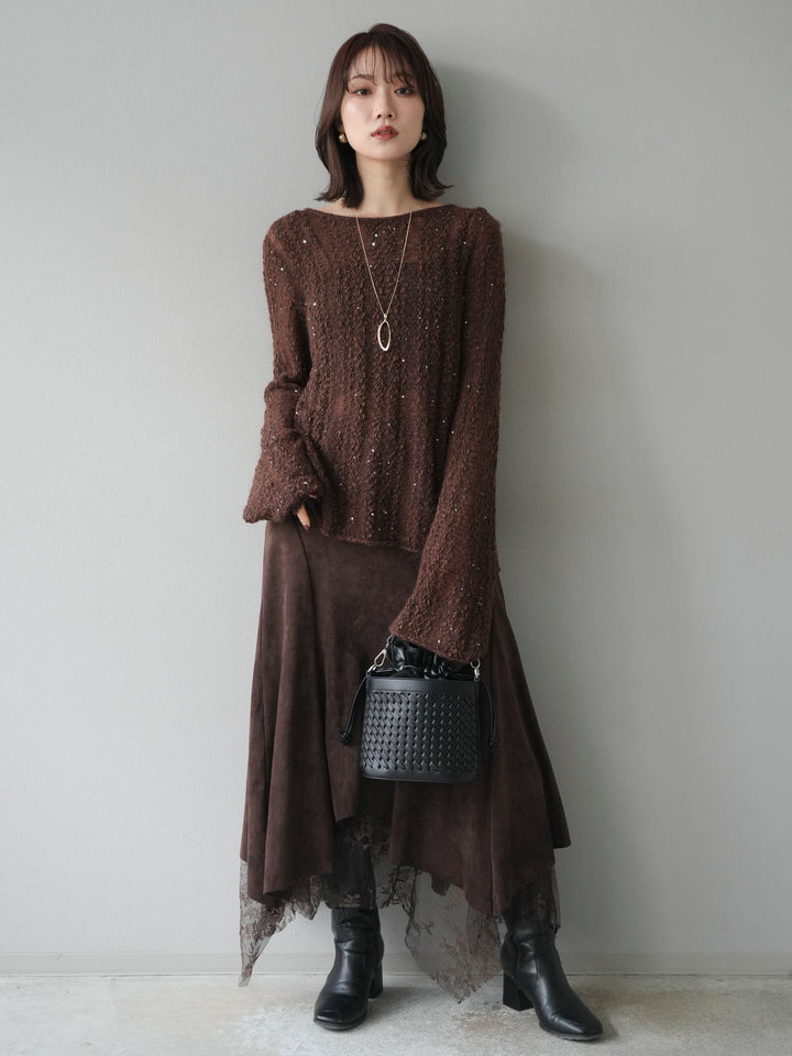 [予約]スパンコール異素材ストライプニットプルオーバー/brown