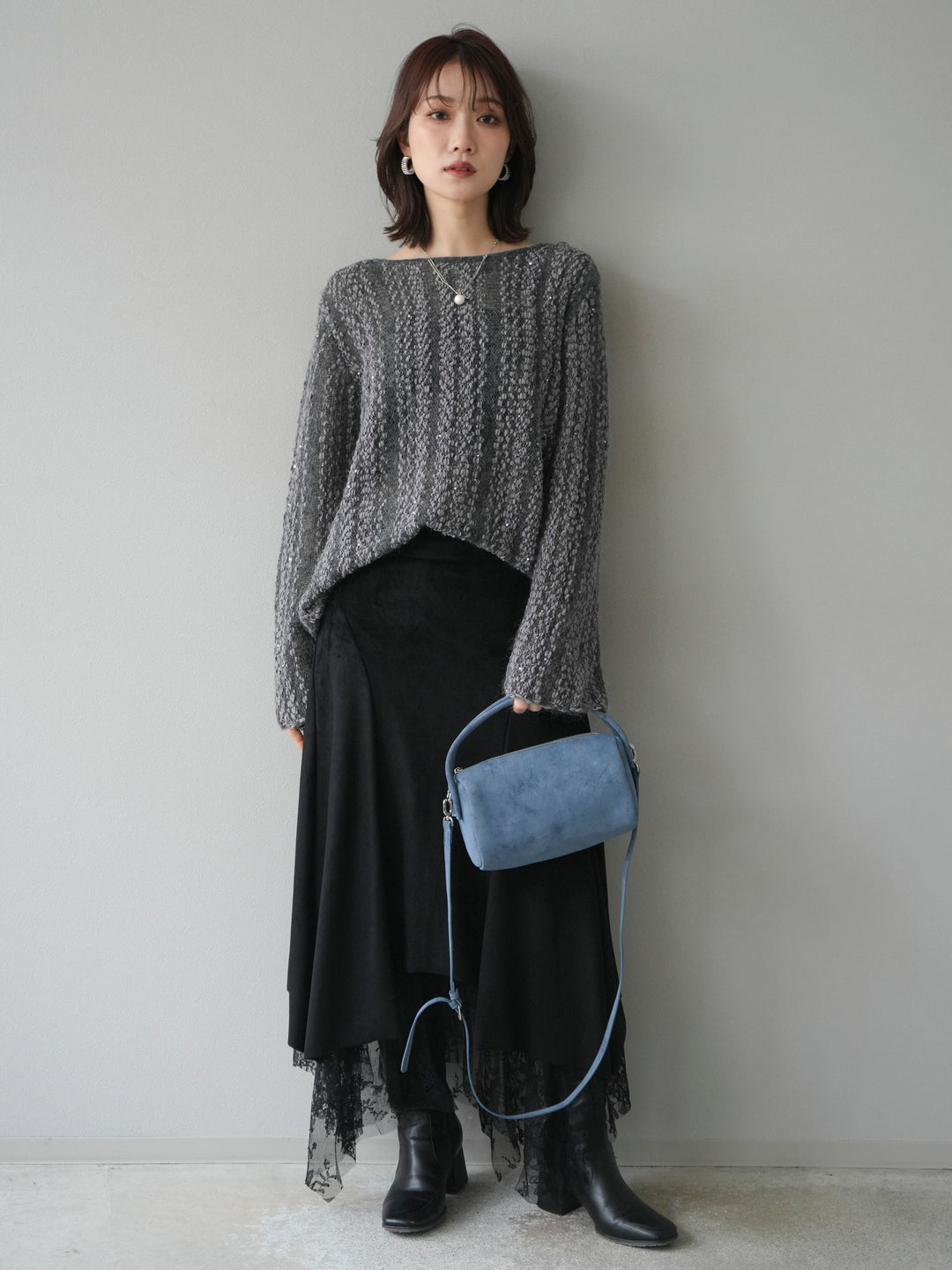 [予約]スパンコール異素材ストライプニットプルオーバー/gray