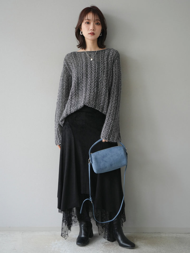 [予約]スパンコール異素材ストライプニットプルオーバー/gray