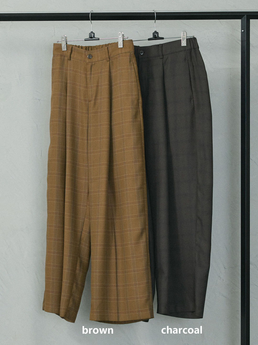 【Allure】[SET]リブ配色ラインポロニットカーディガン+杢チェックタックパンツ(2set)