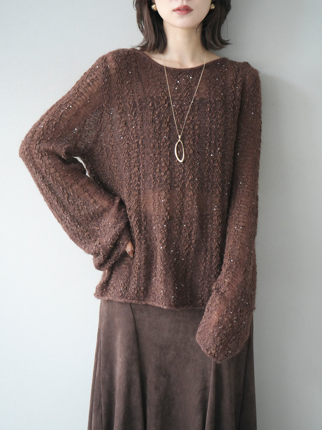 [予約]スパンコール異素材ストライプニットプルオーバー/brown