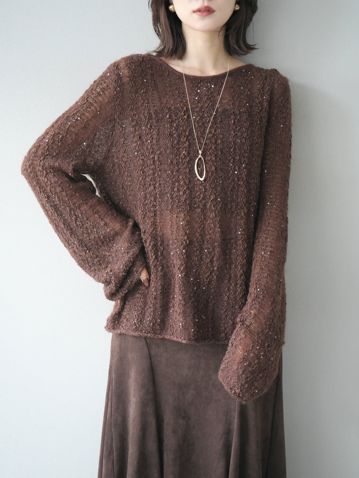 [予約]スパンコール異素材ストライプニットプルオーバー/brown