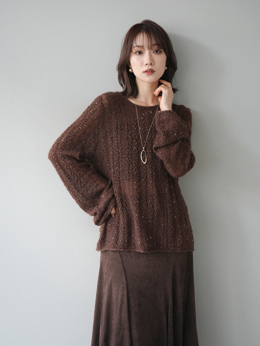 [予約]スパンコール異素材ストライプニットプルオーバー/brown