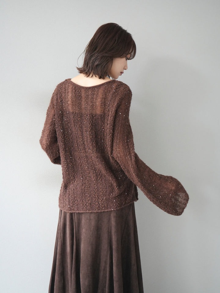 [予約]スパンコール異素材ストライプニットプルオーバー/brown