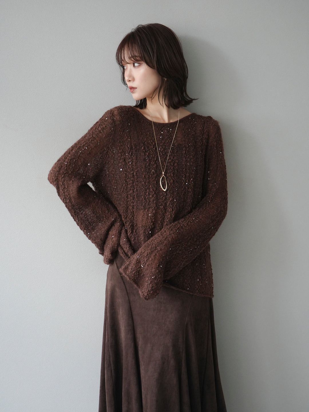 [予約]スパンコール異素材ストライプニットプルオーバー/brown