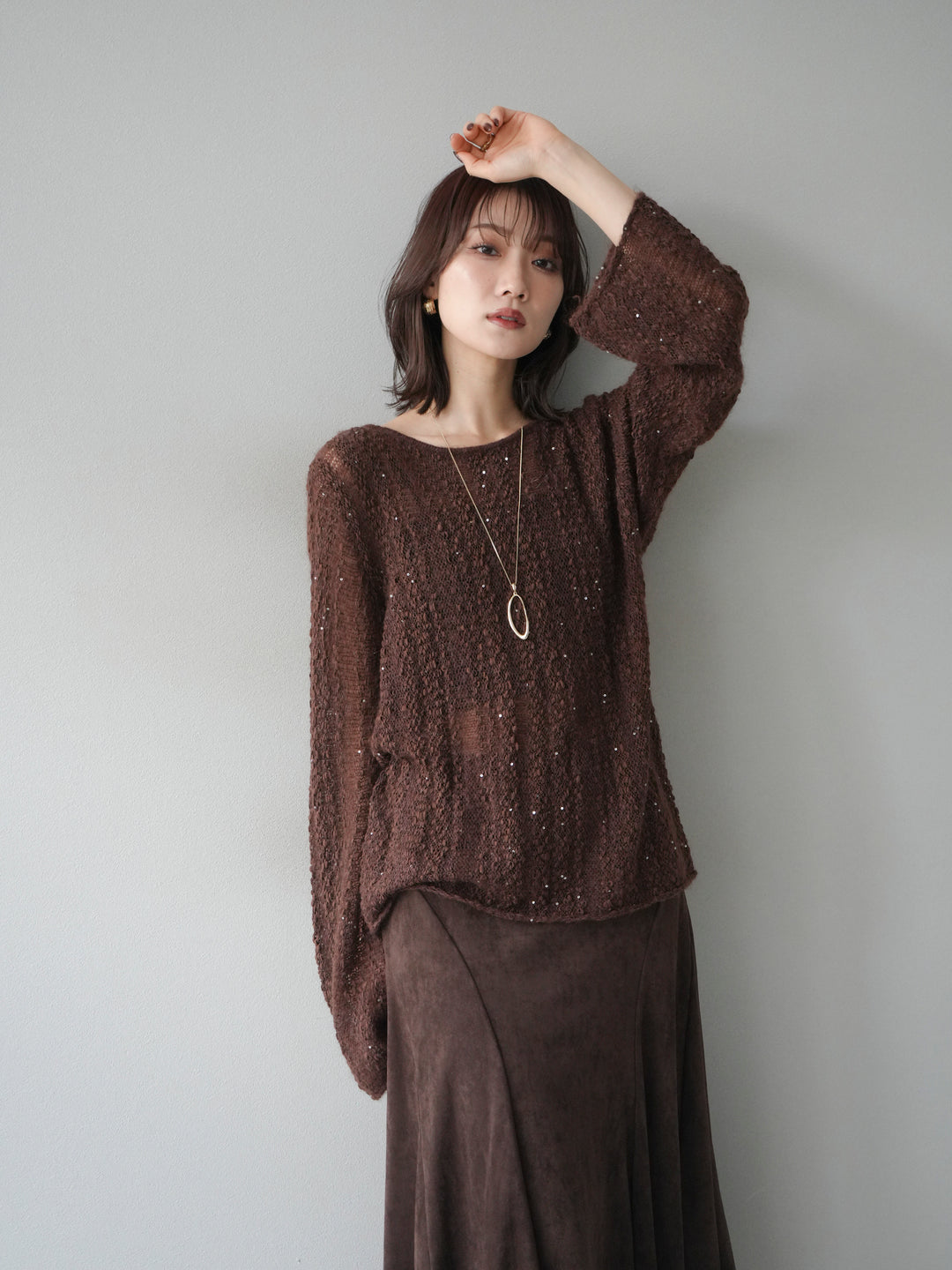 [予約]スパンコール異素材ストライプニットプルオーバー/brown