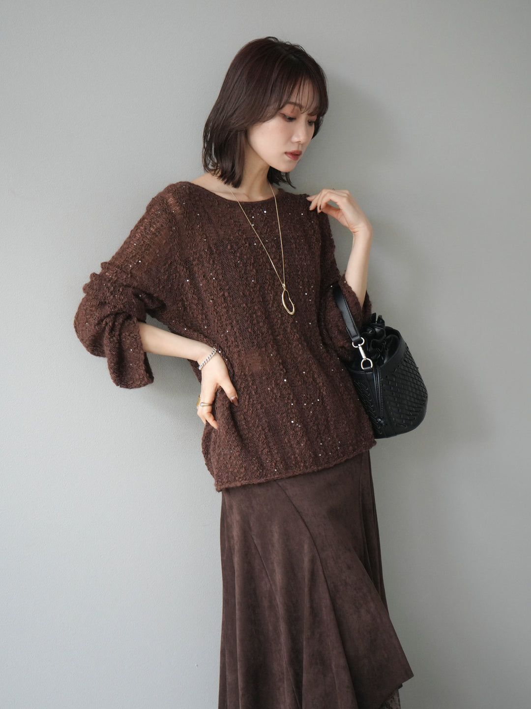 [予約]スパンコール異素材ストライプニットプルオーバー/brown