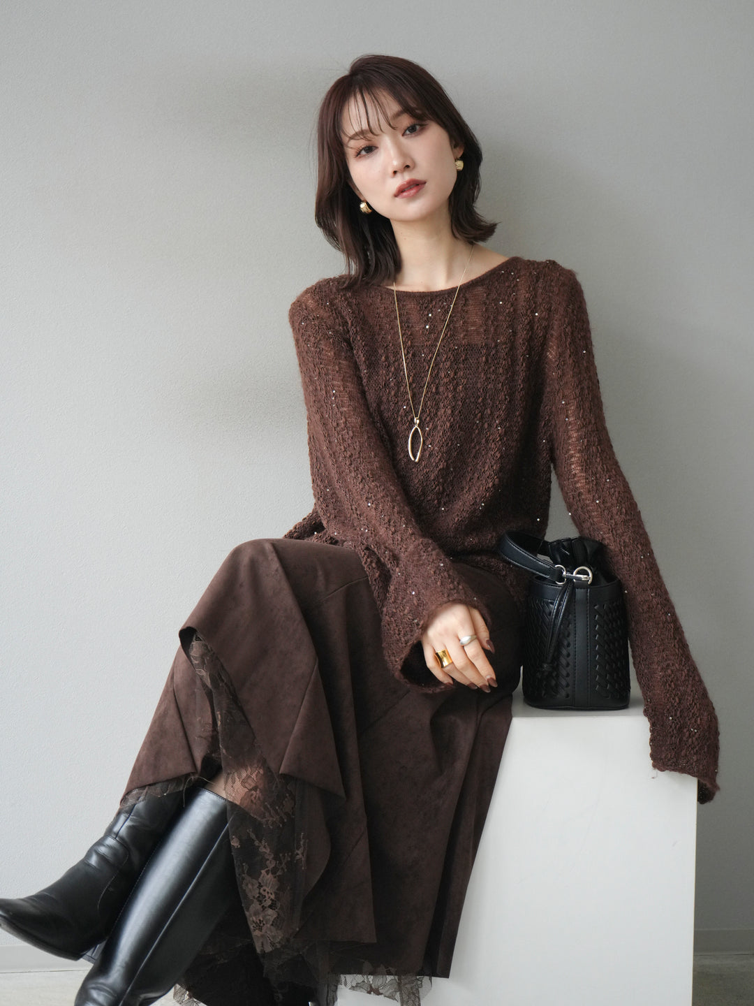 [予約]スパンコール異素材ストライプニットプルオーバー/brown