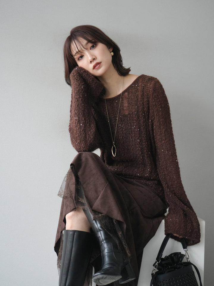 [予約]スパンコール異素材ストライプニットプルオーバー/brown