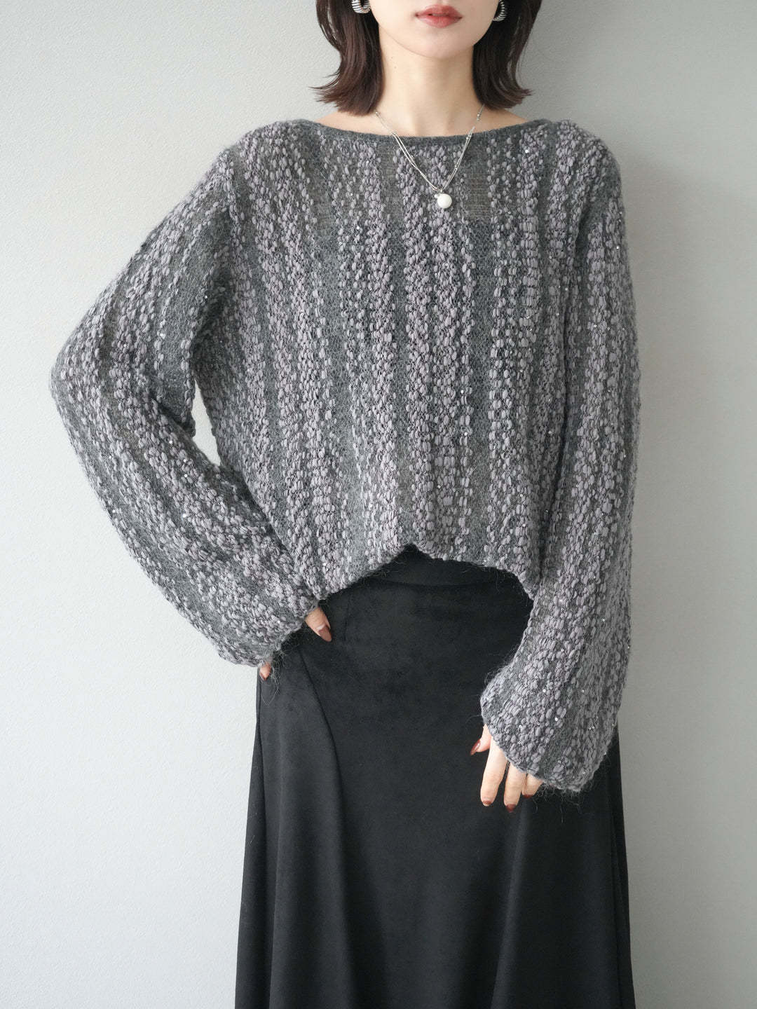 [予約]スパンコール異素材ストライプニットプルオーバー/gray
