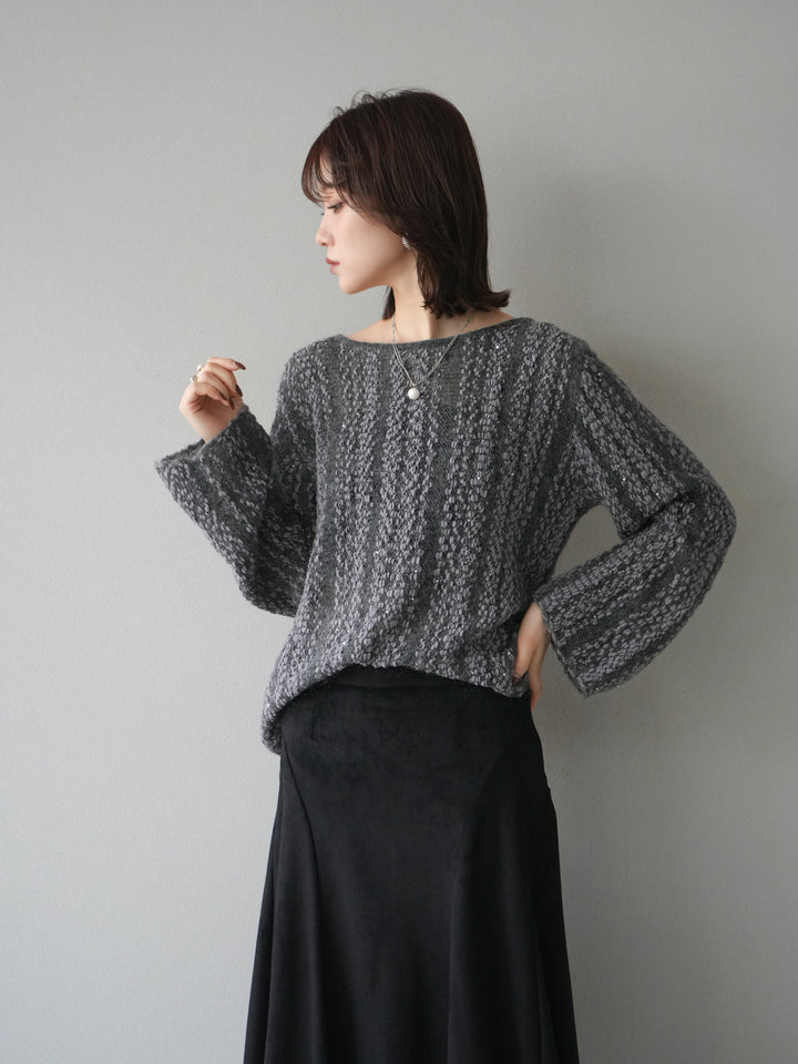 [予約]スパンコール異素材ストライプニットプルオーバー/gray