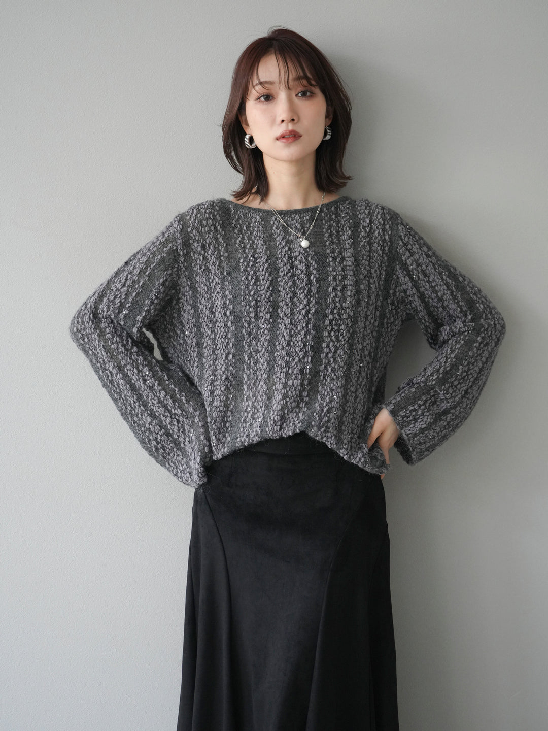 [予約]スパンコール異素材ストライプニットプルオーバー/gray