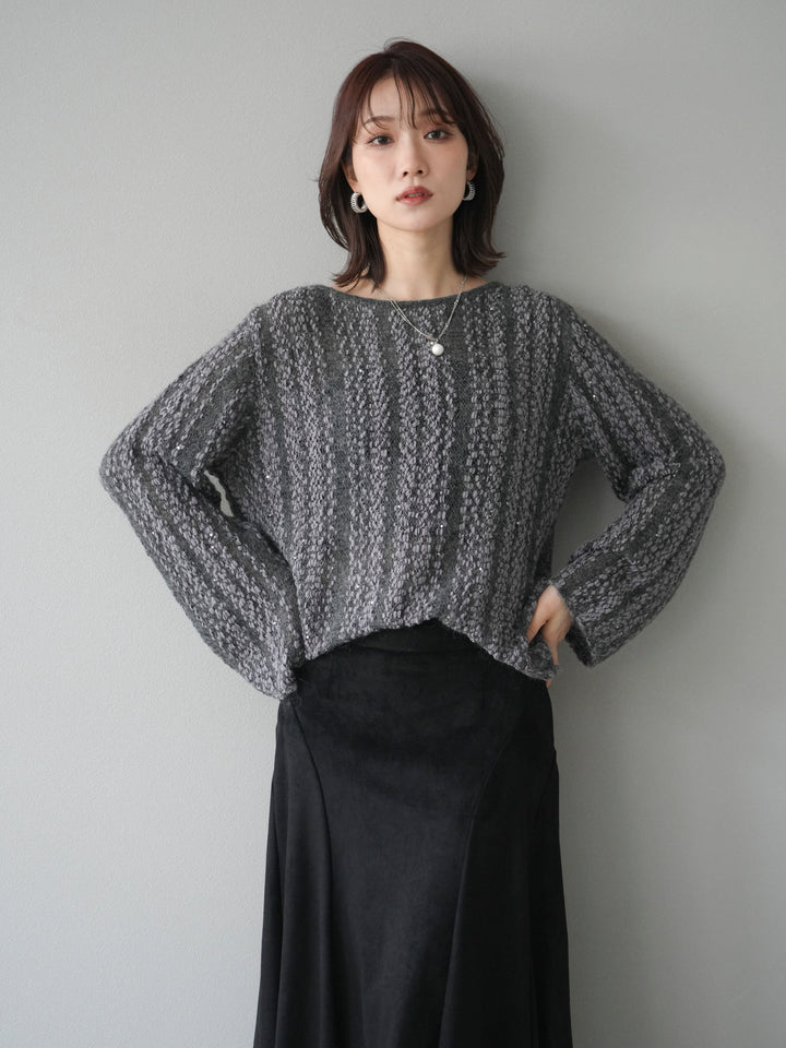 [予約]スパンコール異素材ストライプニットプルオーバー/gray