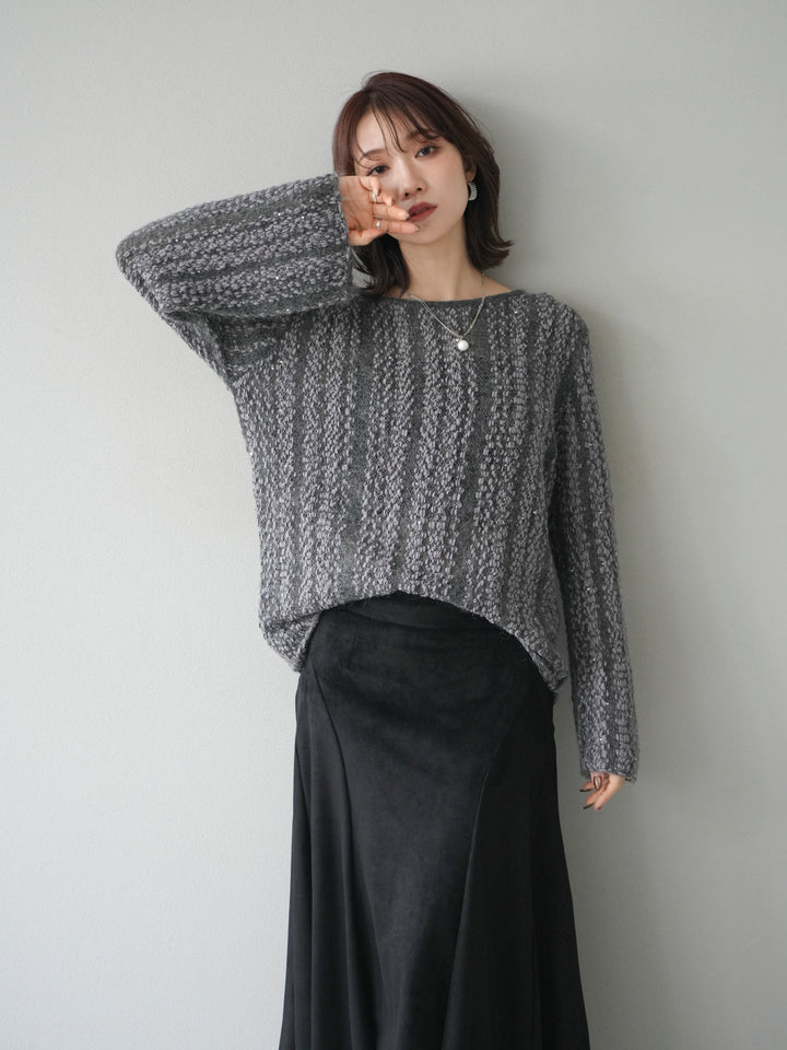 [予約]スパンコール異素材ストライプニットプルオーバー/gray