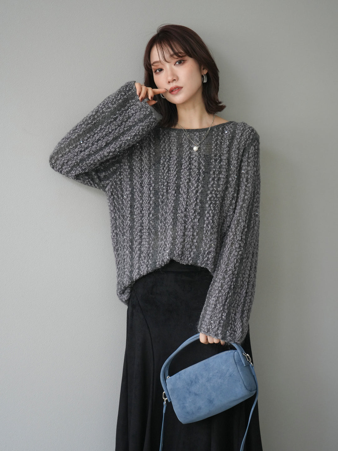 [予約]スパンコール異素材ストライプニットプルオーバー/gray