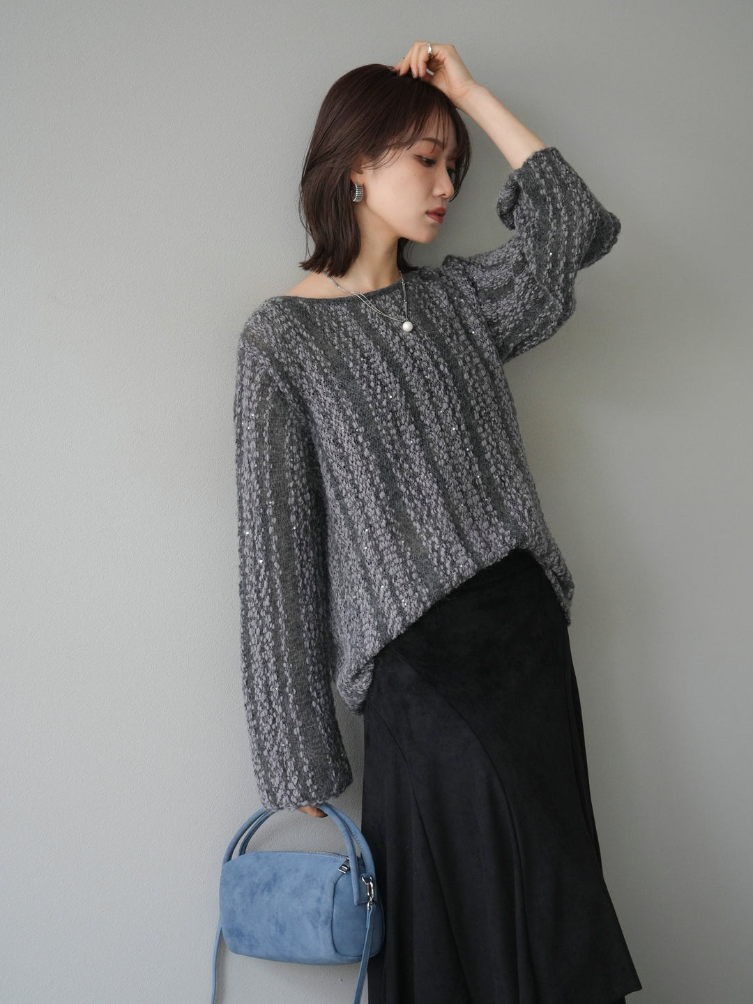 [予約]スパンコール異素材ストライプニットプルオーバー/gray