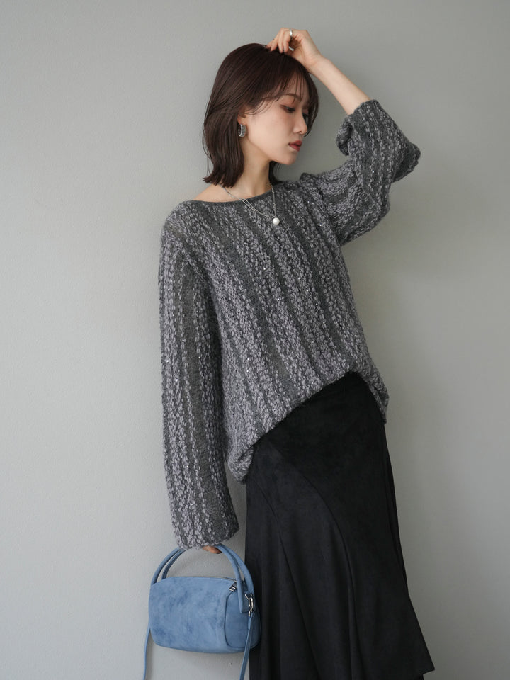 [予約]スパンコール異素材ストライプニットプルオーバー/gray