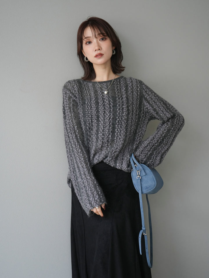 [予約]スパンコール異素材ストライプニットプルオーバー/gray