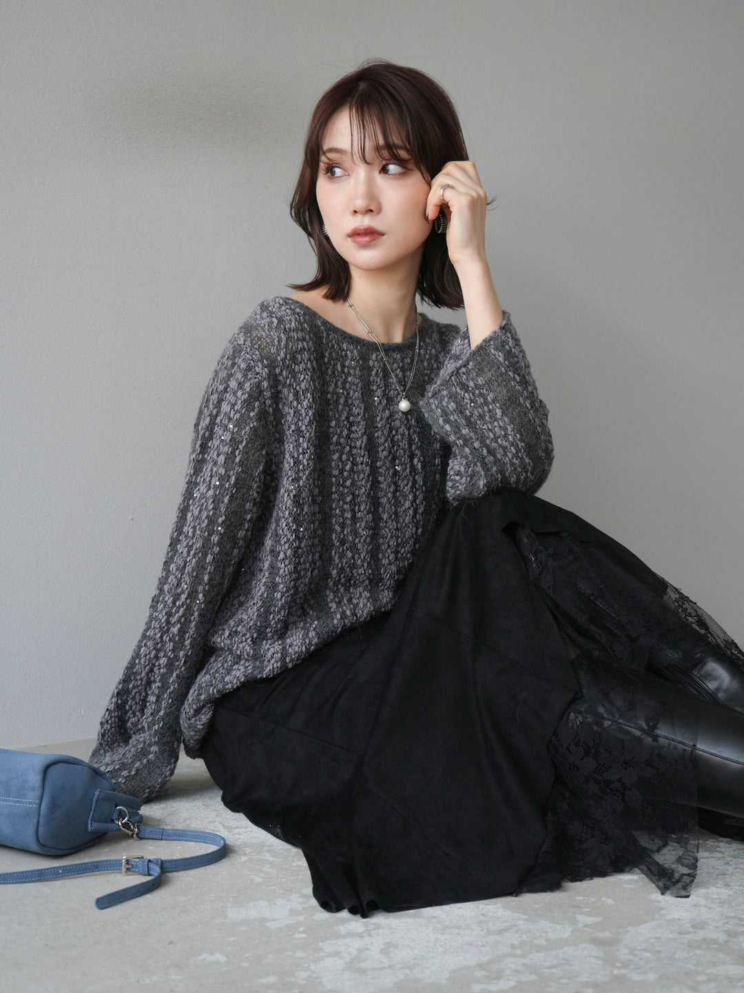 [予約]スパンコール異素材ストライプニットプルオーバー/gray