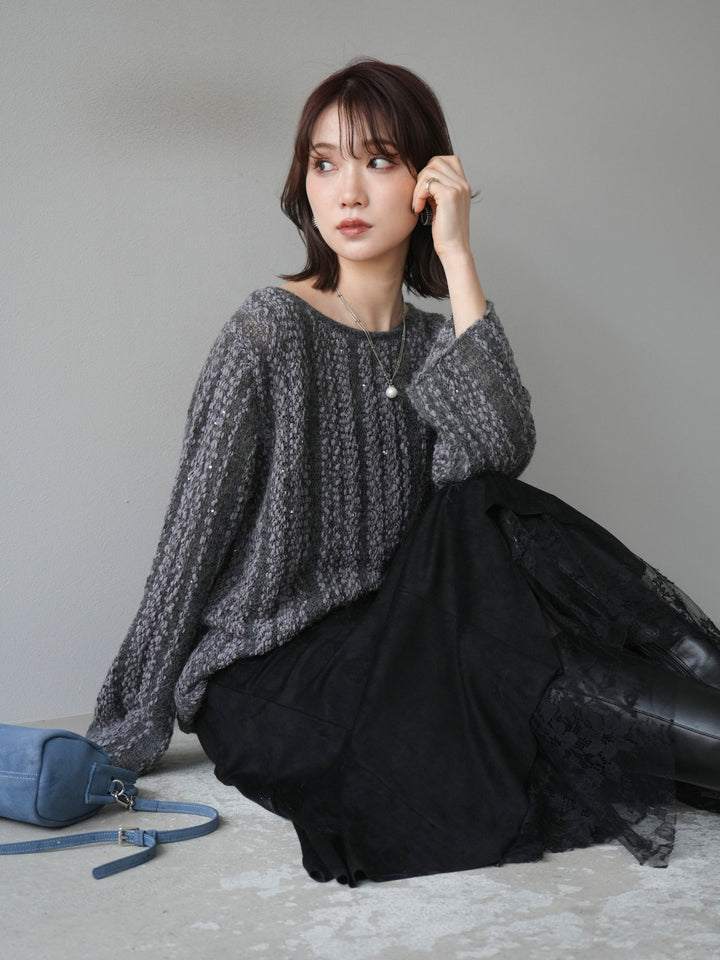 [予約]スパンコール異素材ストライプニットプルオーバー/gray
