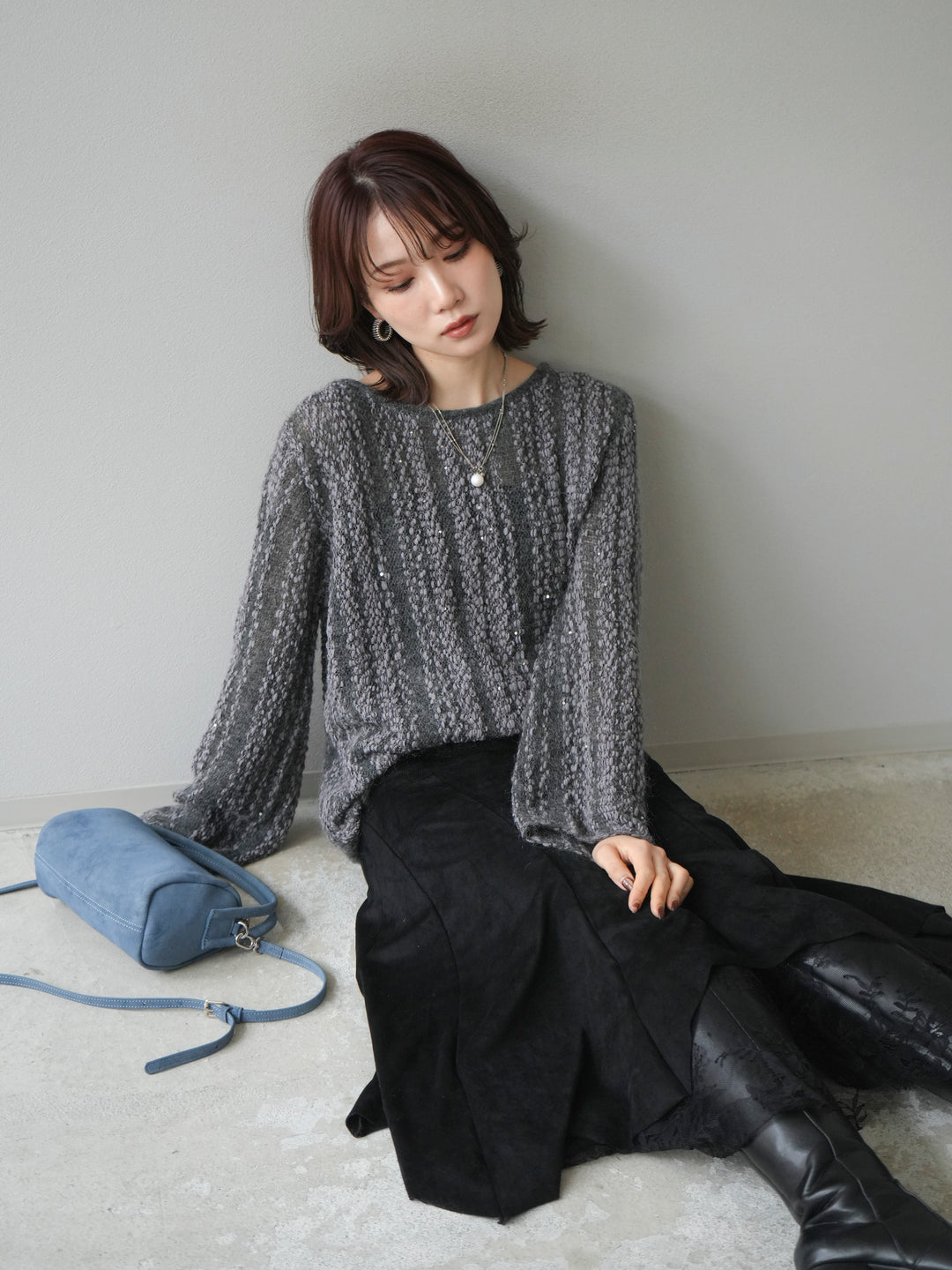 [予約]スパンコール異素材ストライプニットプルオーバー/gray