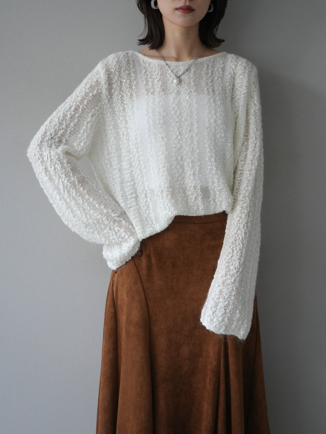 [予約]スパンコール異素材ストライプニットプルオーバー/white