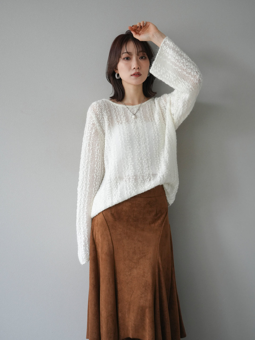 [予約]スパンコール異素材ストライプニットプルオーバー/white