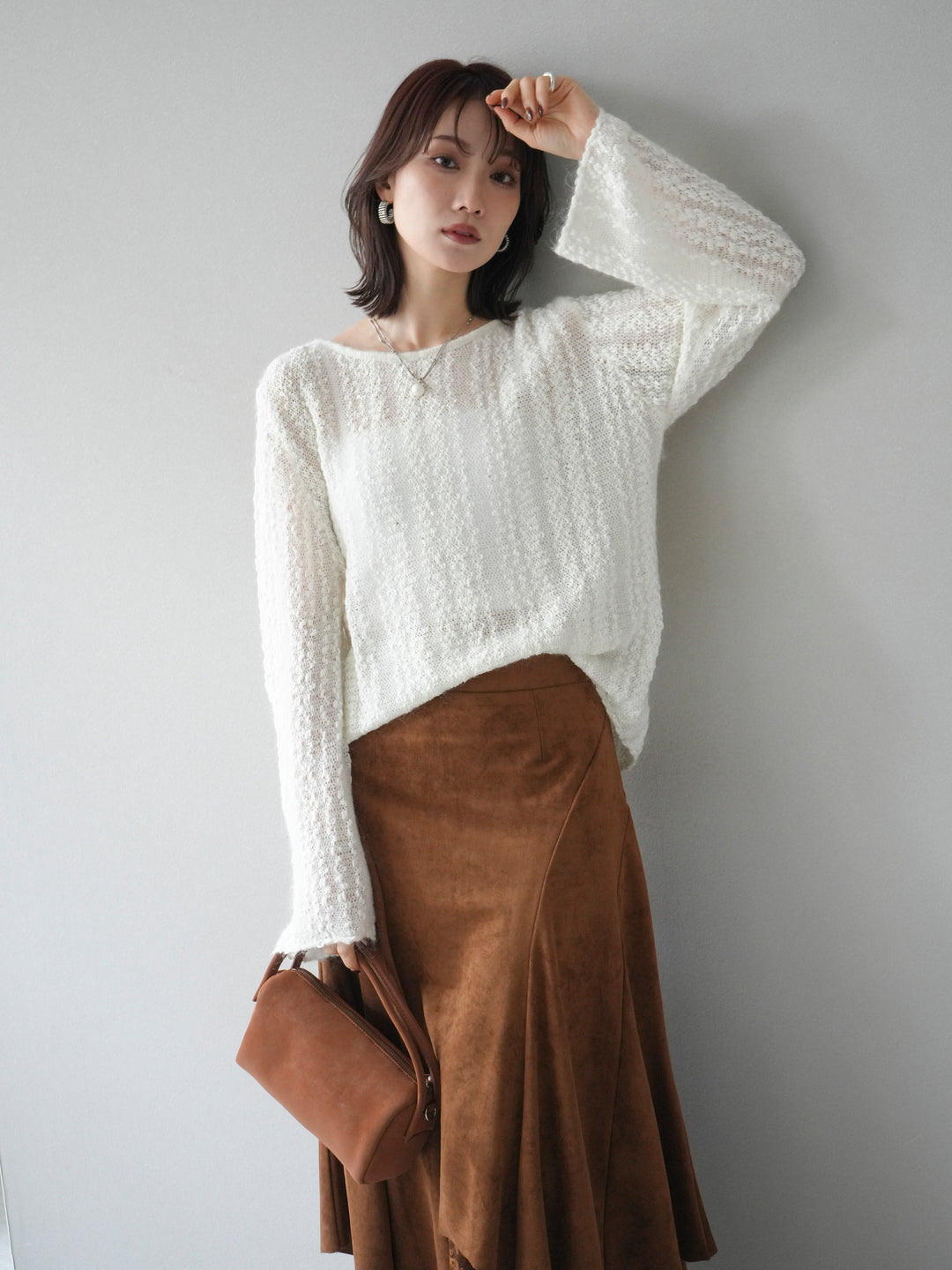 [予約]スパンコール異素材ストライプニットプルオーバー/white