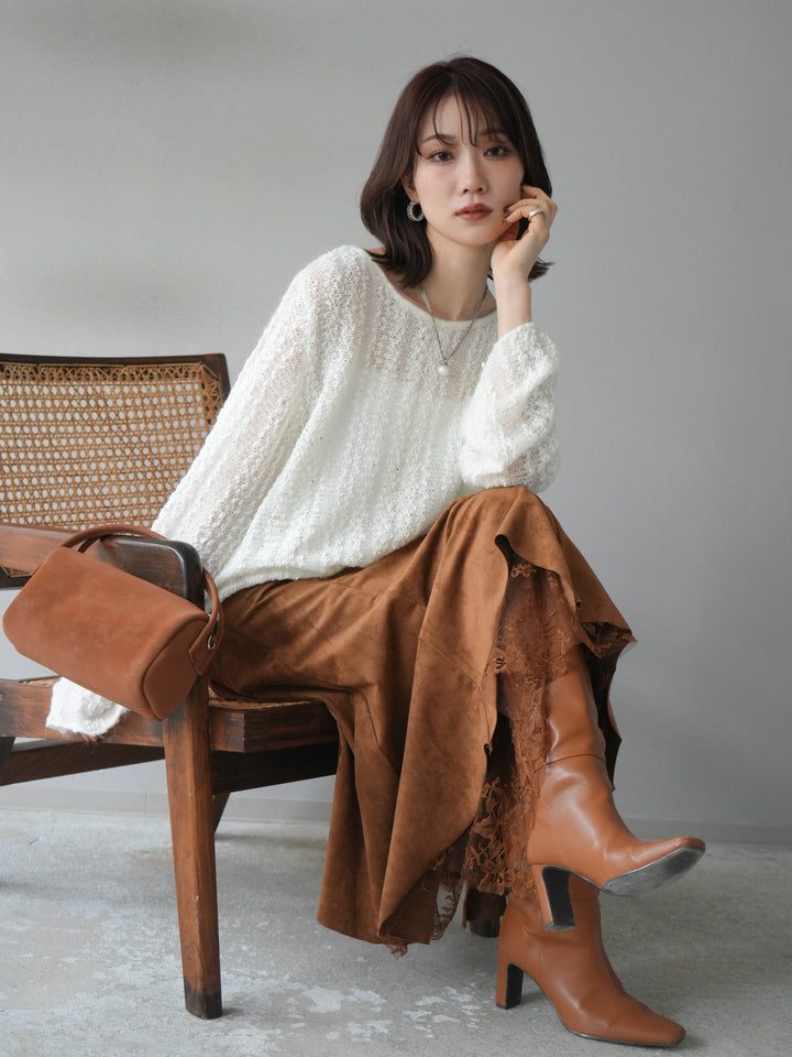 [予約]スパンコール異素材ストライプニットプルオーバー/white