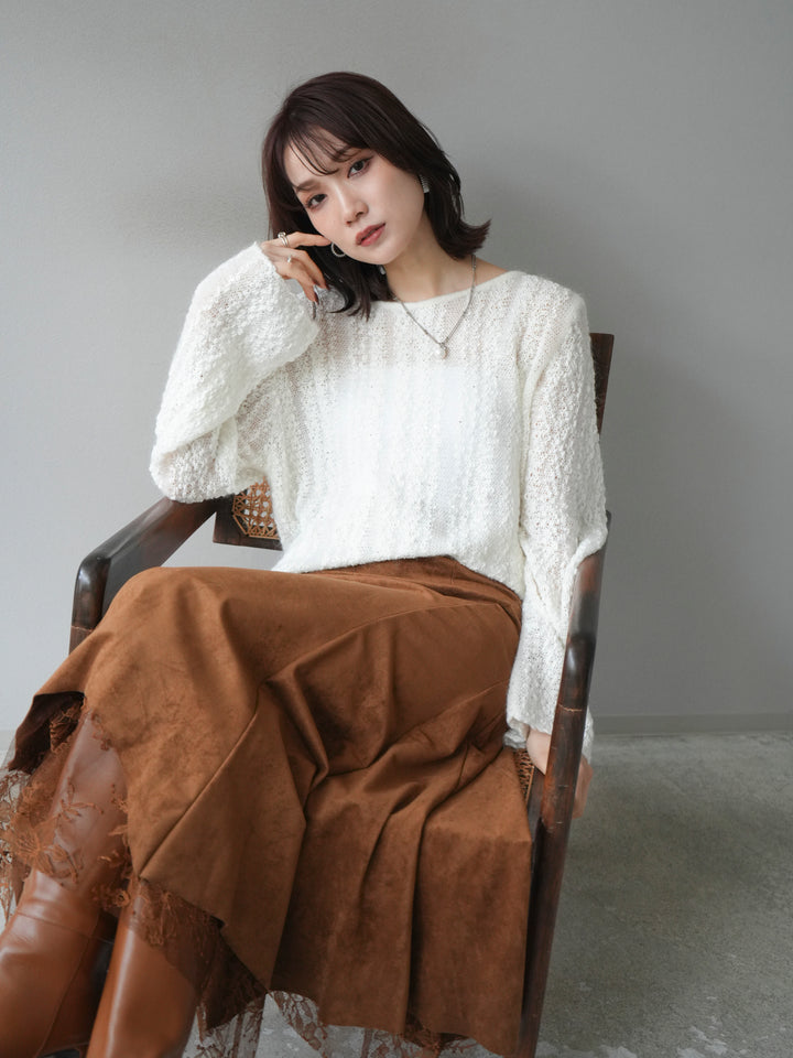 [予約]スパンコール異素材ストライプニットプルオーバー/white