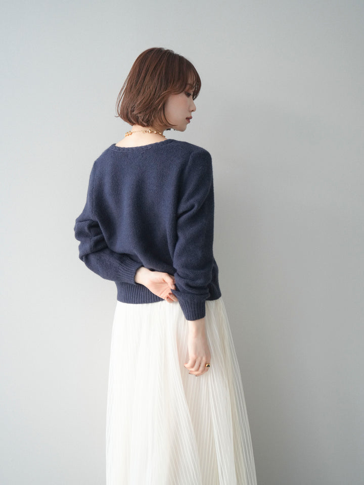 [SET]編みこみアンティークボタンニットカーディガン+チュールストライプボリュームスカート(2set)