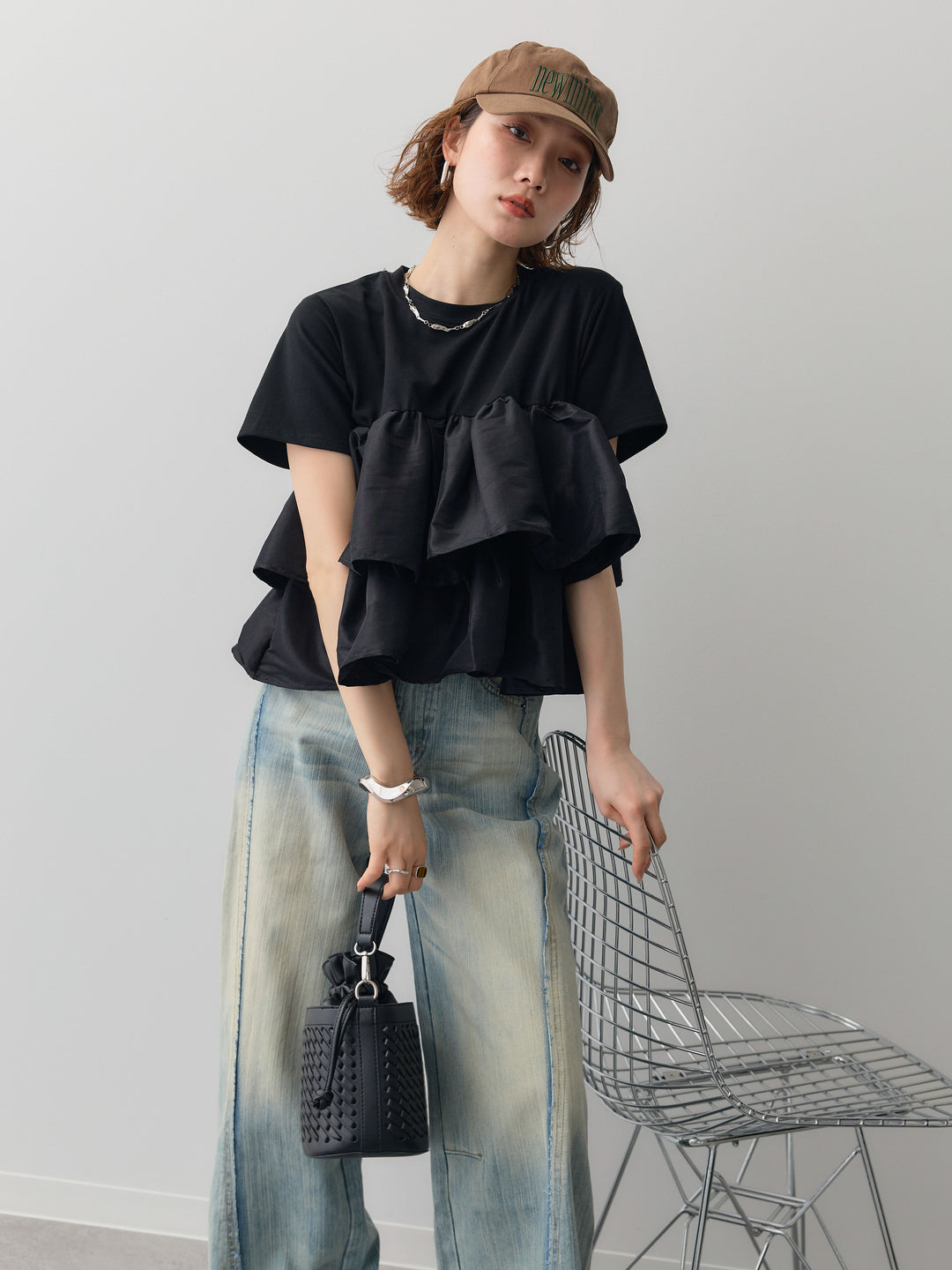 [SET]フリルティアードTEE+縦ウォッシュワイドデニムパンツ(2set)