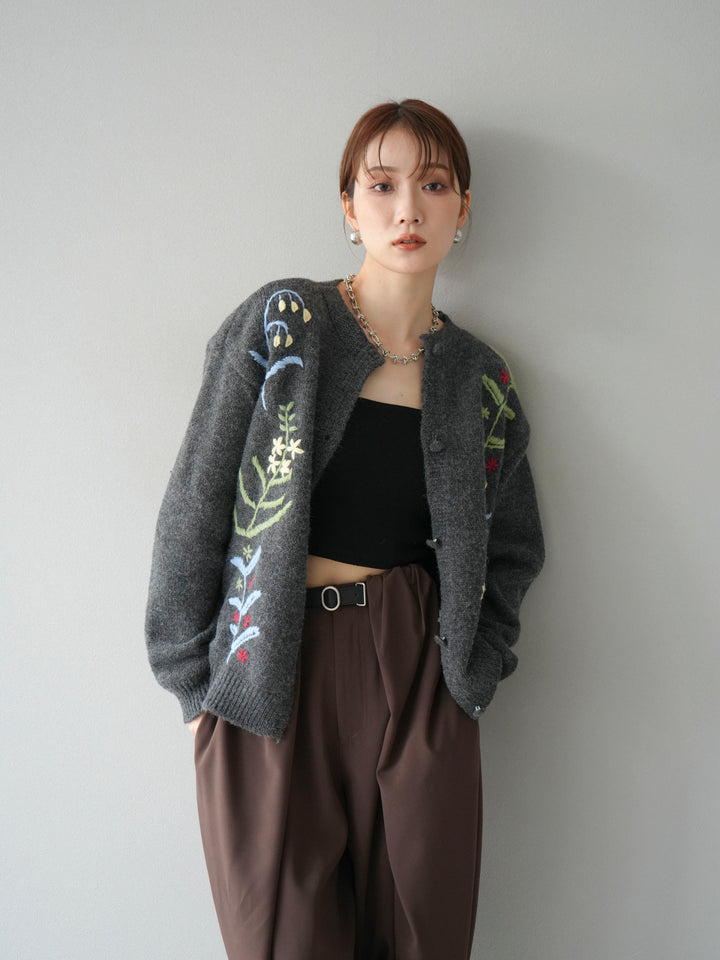[SET]フラワー刺繍ニットカーディガン+ベルト付タックワイドパンツ(2set)