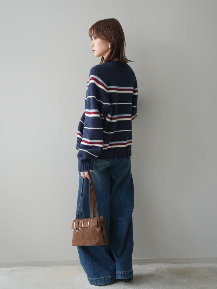 [SET]ランダムボーダーニットカーディガン+デザインステッチカーブデニムパンツ(2set)