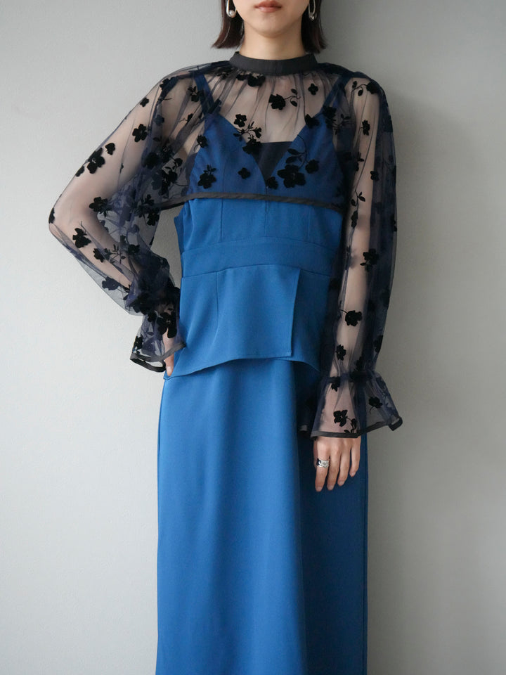 [予約]チュールフラワーフロッキーショートブラウス/ネイビー