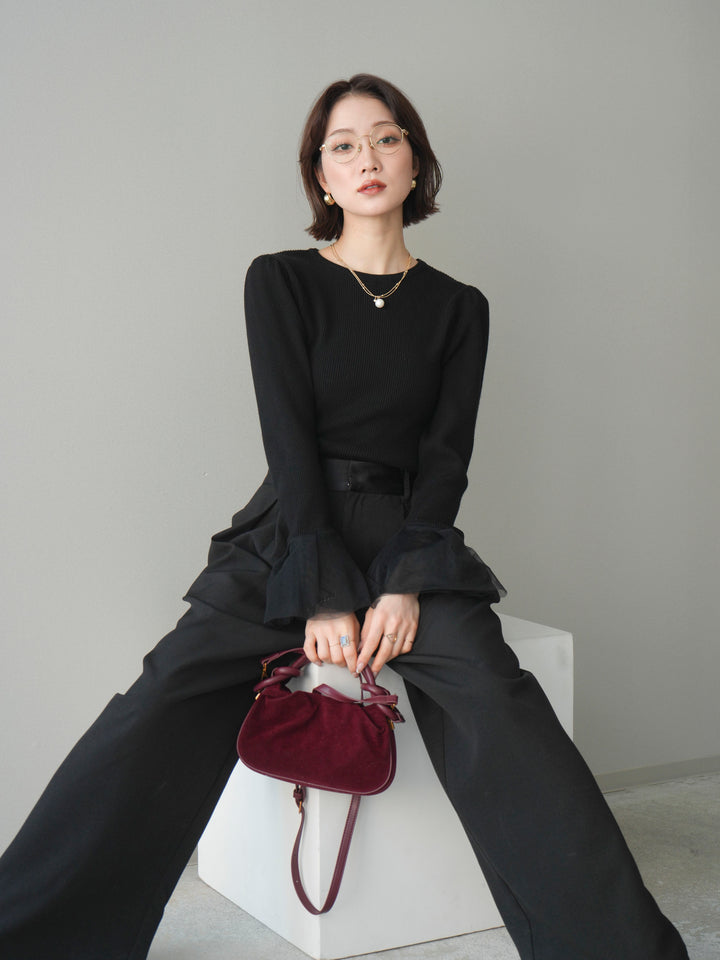 [SET]袖チュールパワショルリブニットトップス+袖チュールパワショルリブニットトップス(2set)