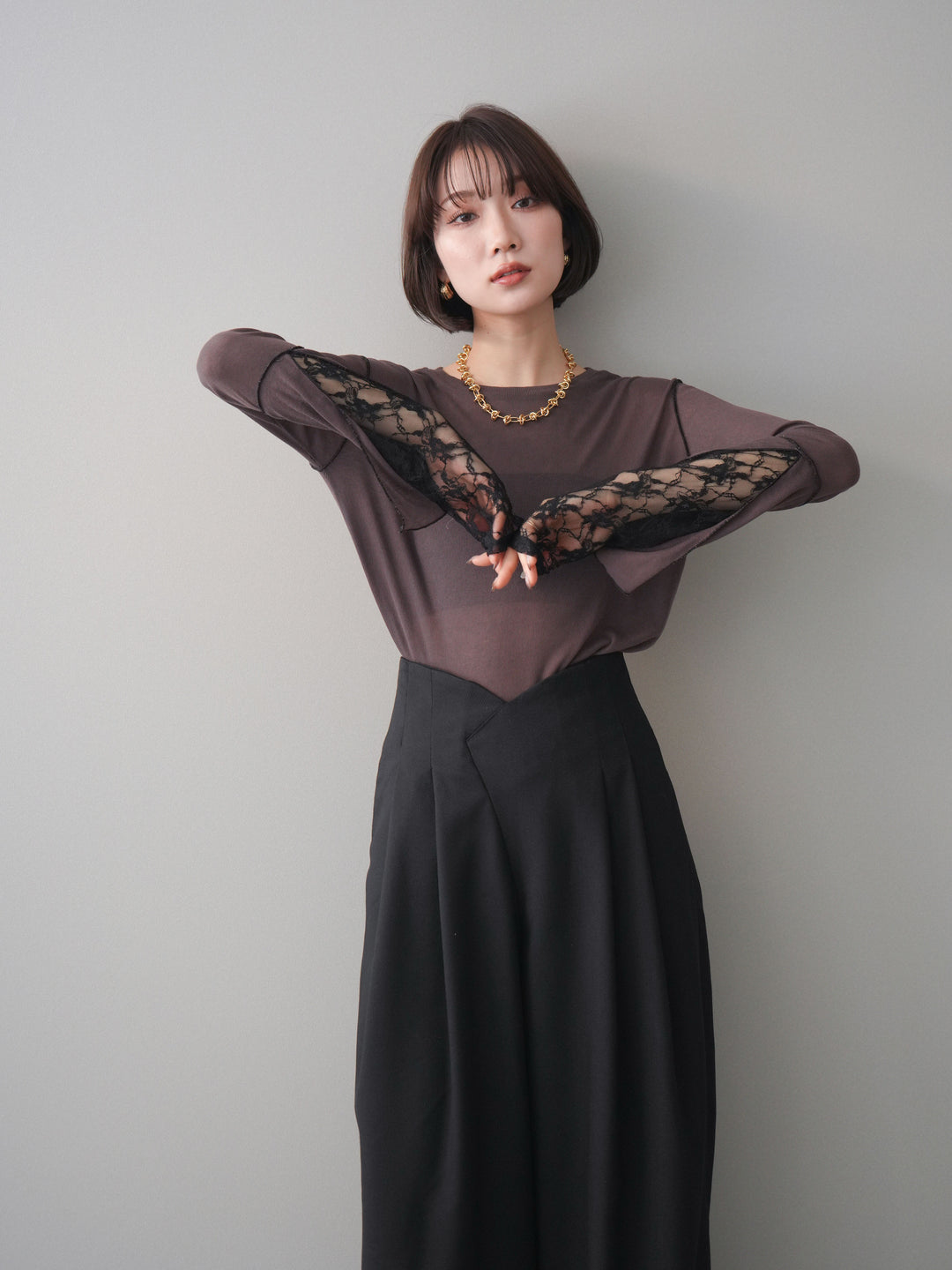 [予約]袖レースレイヤードデザインメロートップス/brown