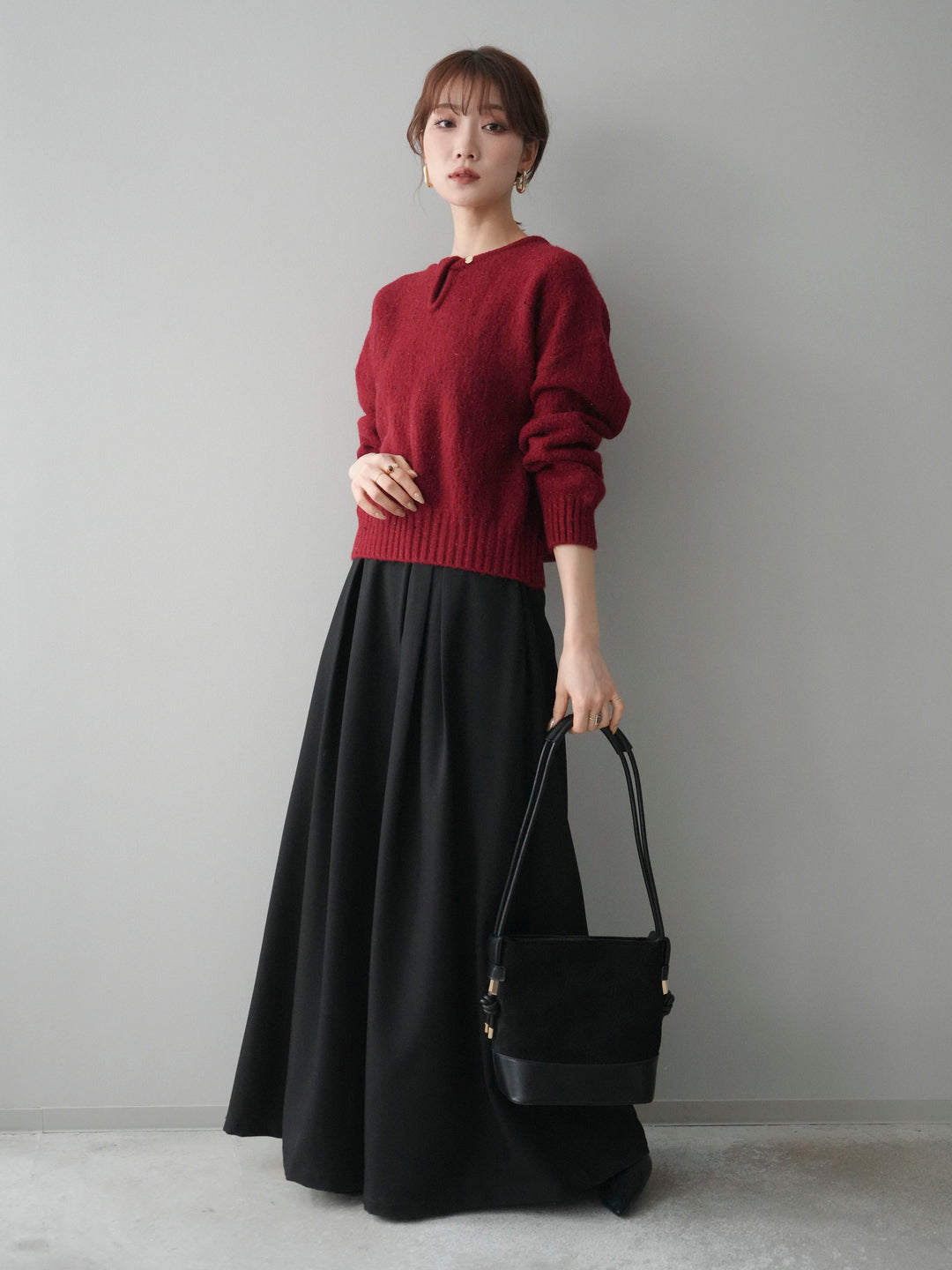 [SET]ツイストネックラメネップヤーンニットプルオーバー+テープベルトタックバギーパンツ(2set)