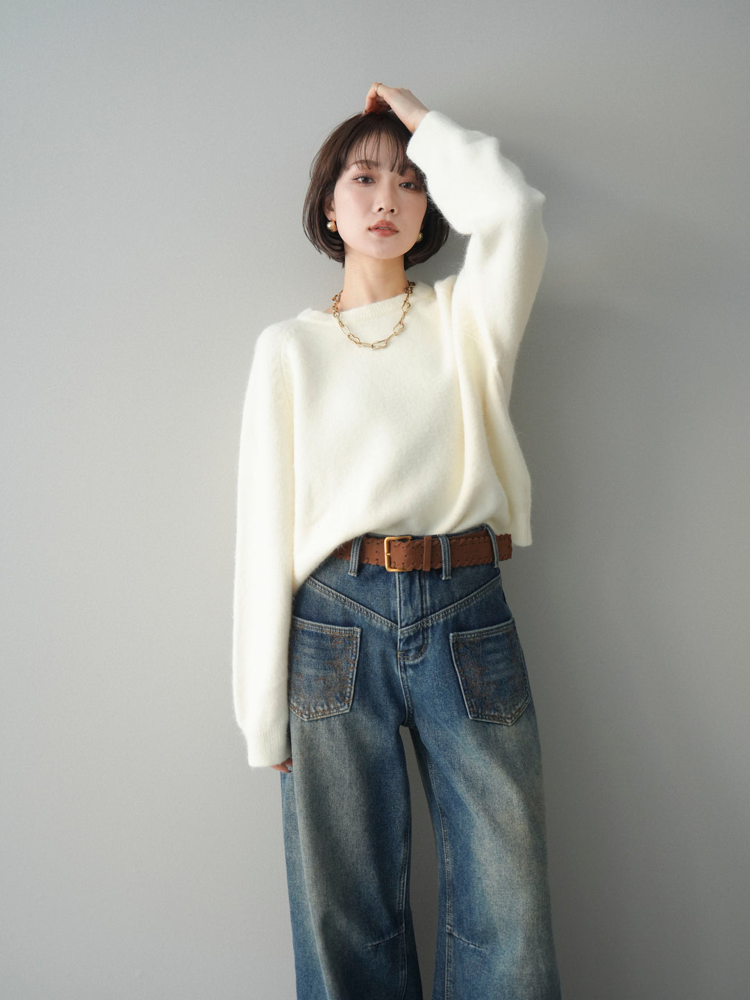 [予約]クルーネックモチモチニットプルオーバー/white