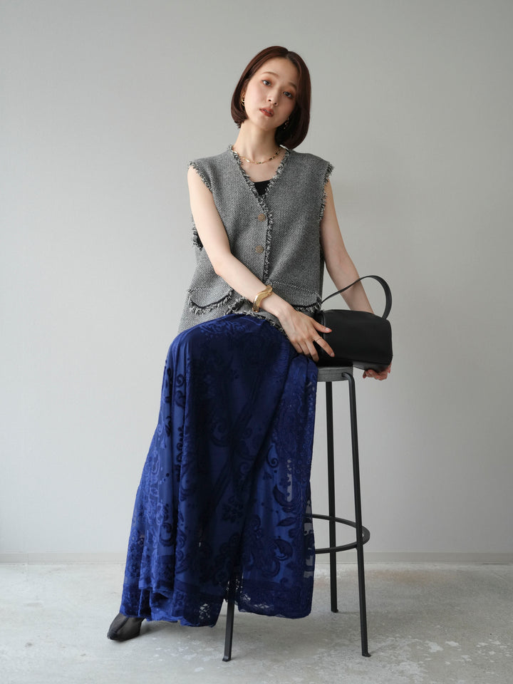 [予約]ツイードライクフリンジニットベスト/ブラック