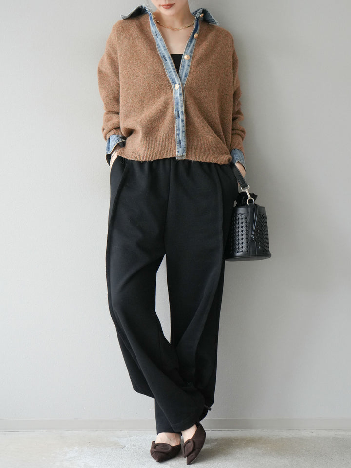 【着回しセット】[SET]デニム襟ボタンニットカーディガン+デニム襟ボタンニットカーディガン+2WAYデザインスウェットパンツ(3set)