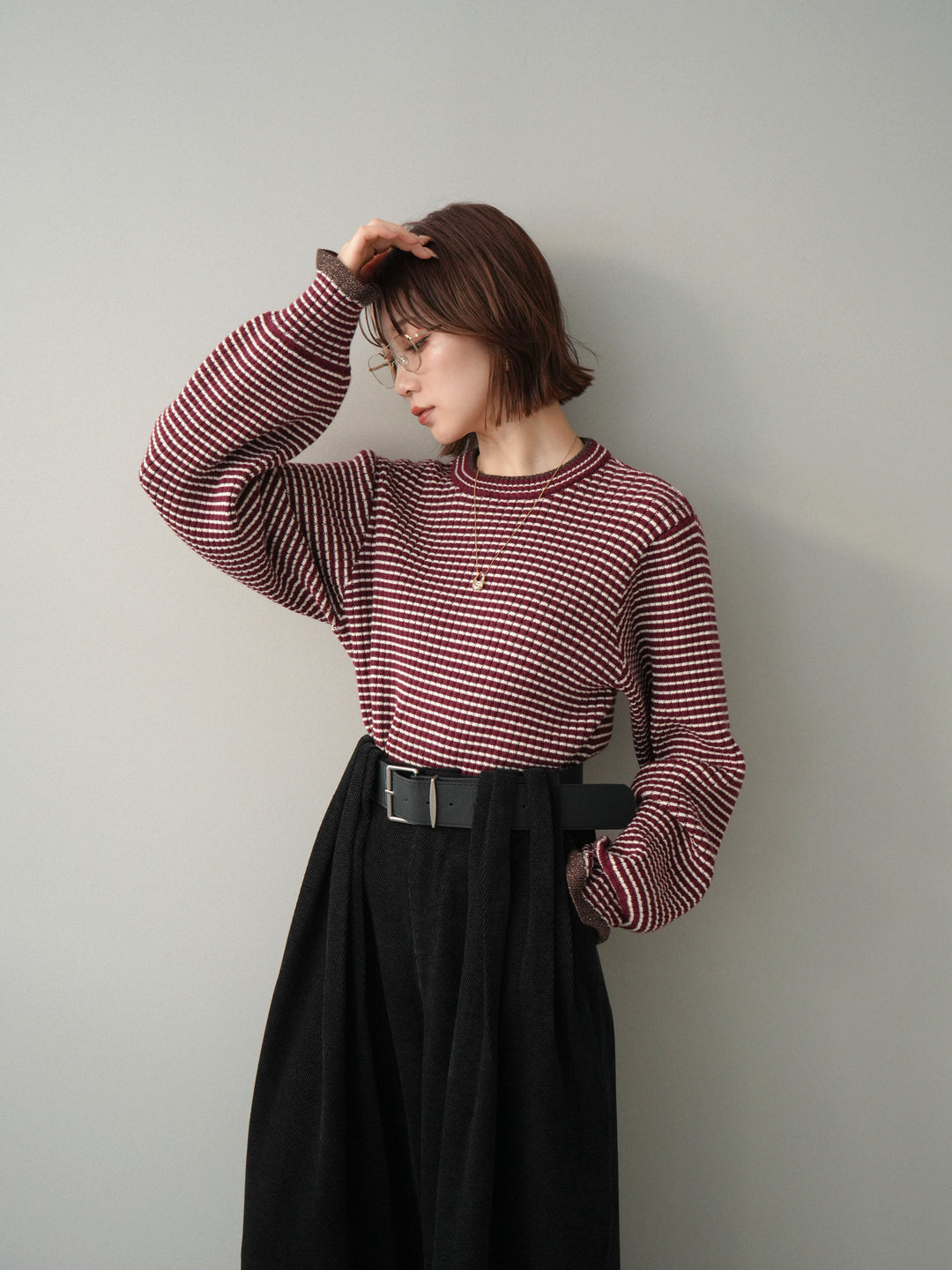 [予約]ラメ異素材ボーダーリブニットプルオーバー/bordeaux×brown