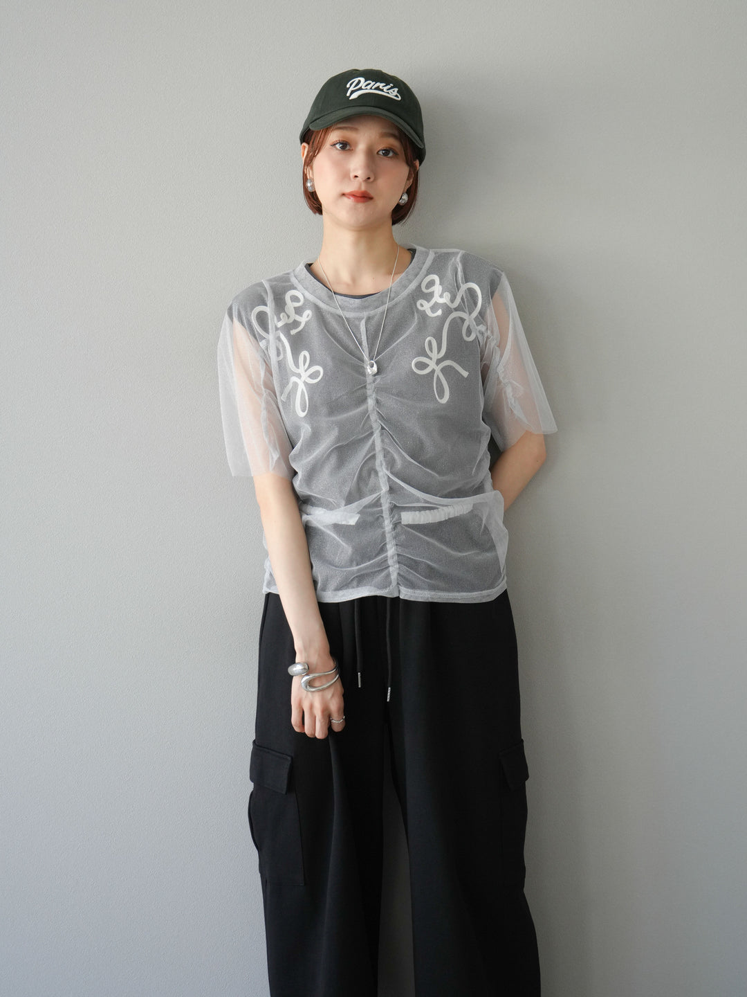 [SET]ラメチュールシャーリングプルオーバー+コード刺繍フレンチスリーブTシャツ(2set)