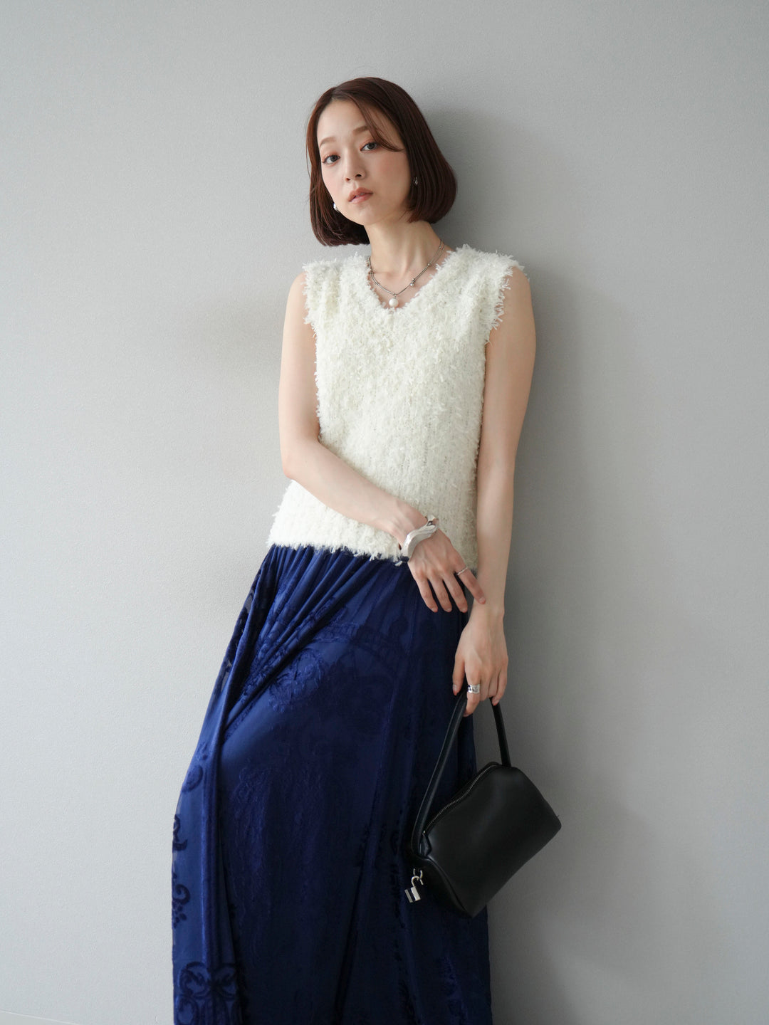 [SET]テープヤーンフリンジニットベスト+アンティーク柄フロッキーマキシスカート(2set)