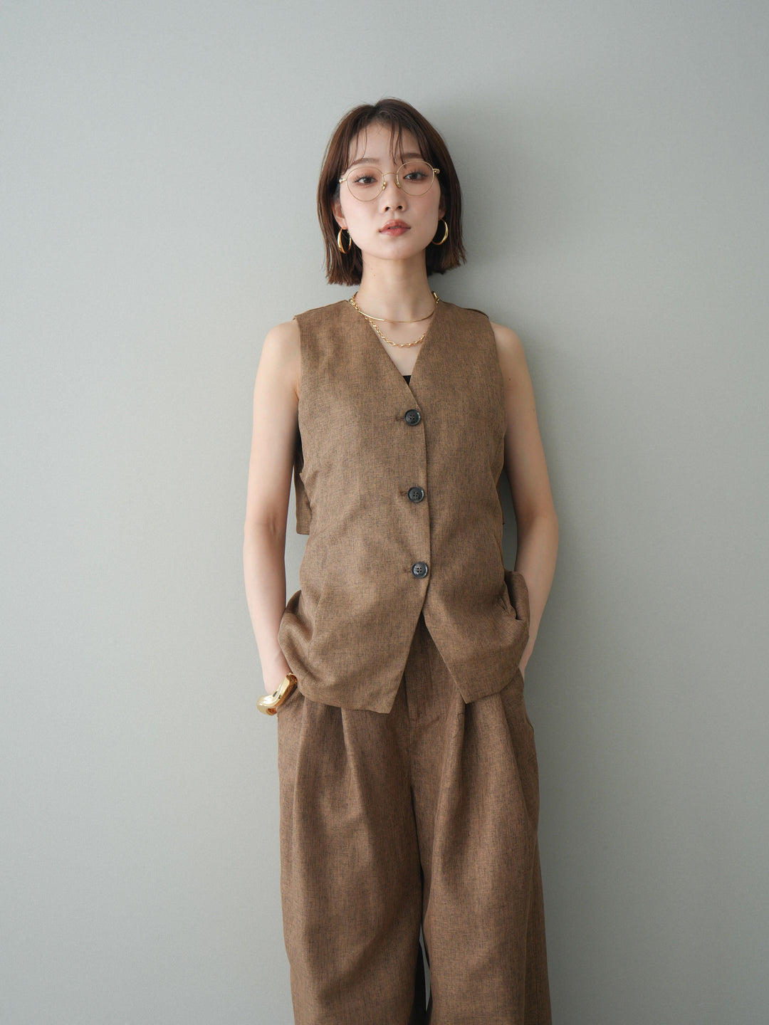 [SET]リネンライクバックオープンジレ+リネンライクタックワイドパンツ(2set)