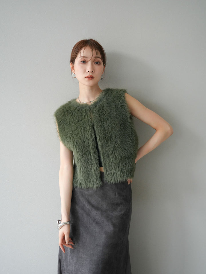 [予約]ミンクライク前後2WAYショートジレ/カーキ