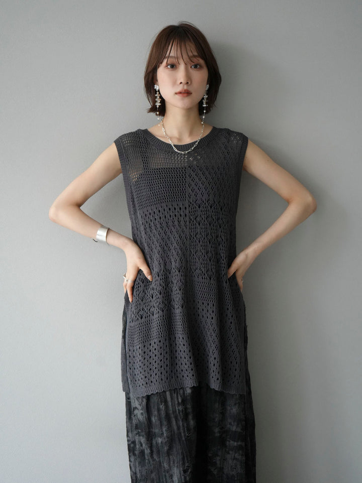 [Pre-order] Openwork side slit knit top/charcoal