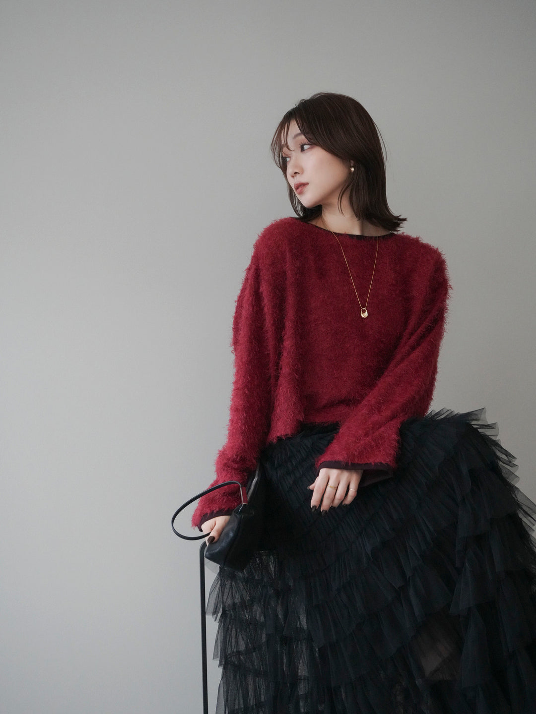 [予約]バイカラー2WAYシャギーニットカーディガン/red