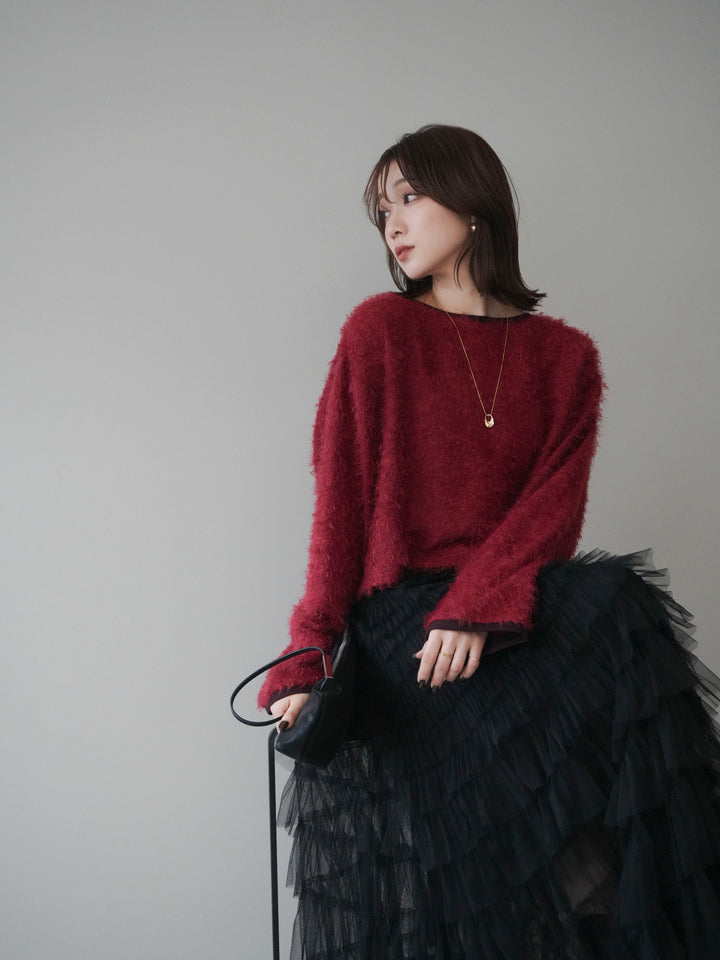 [予約]バイカラー2WAYシャギーニットカーディガン/red