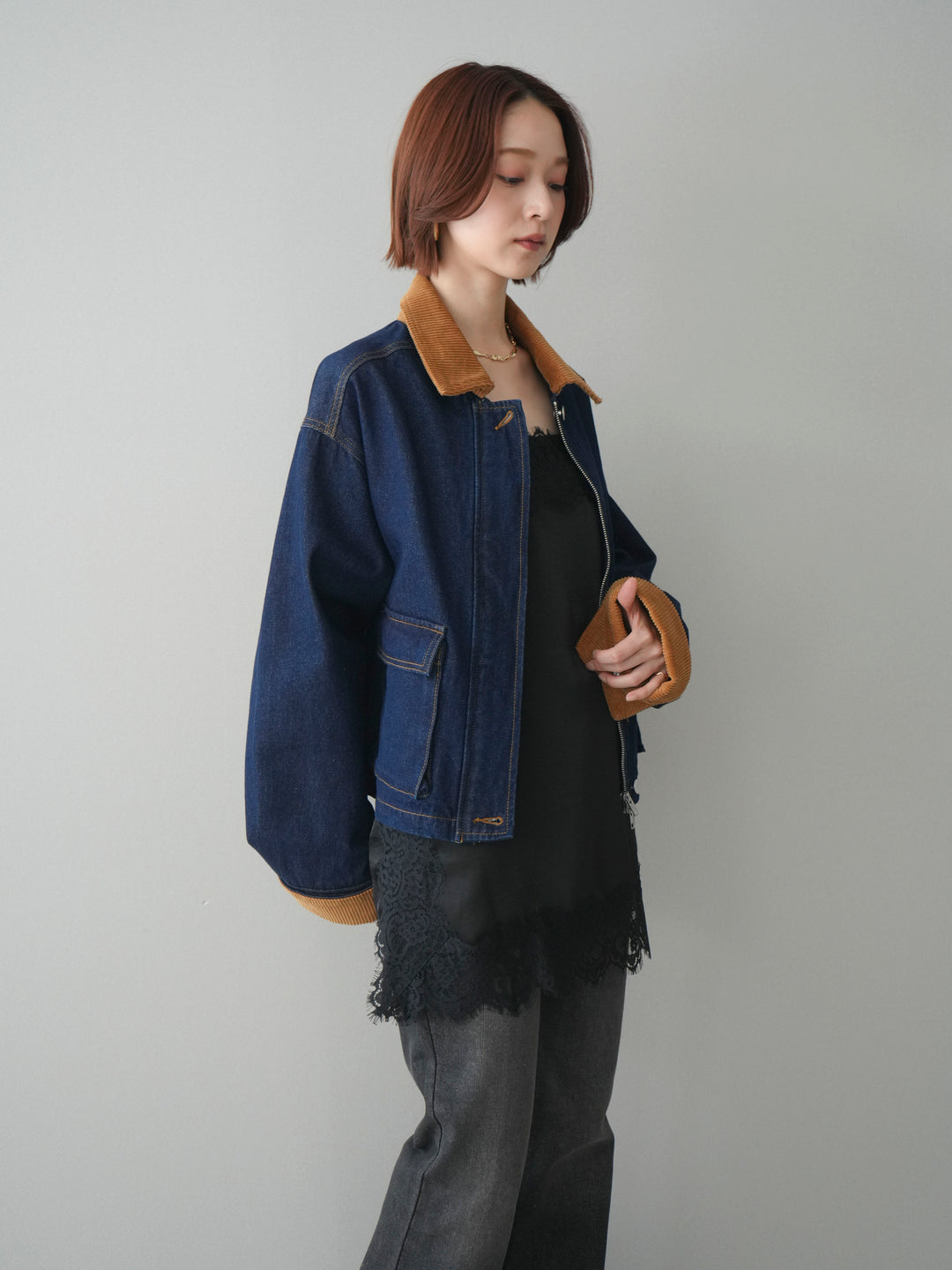 [予約]コーデュロイ×デニムショートカバーオール/indigo